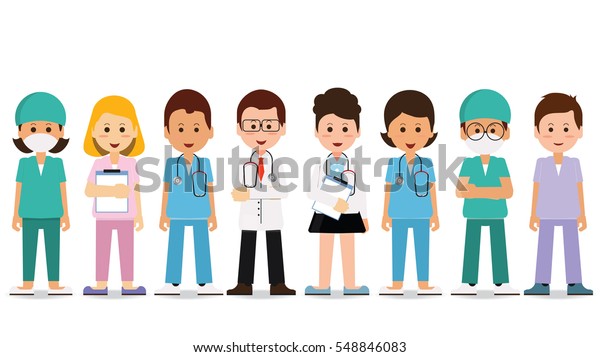 白い背景に医療チーム 病院の医療スタッフ 医師 看護師 外科医 医療と医療のコンセプト 漫画のキャラクターベクターイラスト のベクター画像素材 ロイヤリティフリー