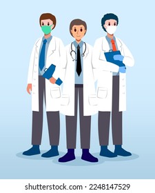 Medical Team . Male doctors with white coat . Cartoon characters . Vector .