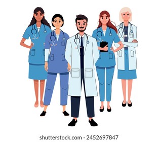 A medical team of male and female doctors and nurses. Hospital and clinic workers. Mental health. Treatment. Staff. International Doctor's Day. Science and teamwork. Isolated. White background