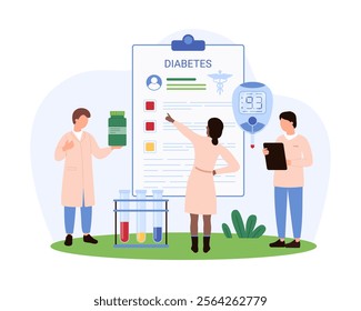 Medical team managing diabetes treatment plans. One holds a medication bottle, another points to a clipboard with a diabetes plan, and a glucose meter is displayed vector illustration.