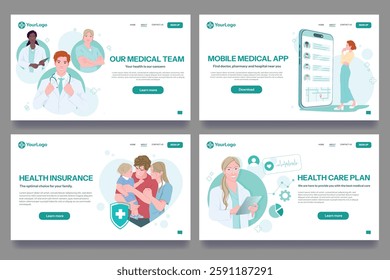 Medical team, mobile app, health insurance, and care plan on a white background. Flat graphic style. Concept of healthcare services. Vector illustration