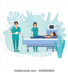 Medical team nurse and doctor consulting patient young men in a medical bed floral background. Hospitalization of the patient. Medicine and healthcare concept. Vector illustration flat cartoon