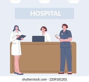 Medical Team On Reception. Hospital Doctors And Nurse. Cartoon Healthcare Workers, Ambulance And Clinic Vector Characters