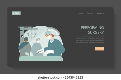 Medical team operating in surgery room with focus and precision. Surgeons concentrate on a procedure aided by modern equipment. Vector illustration.