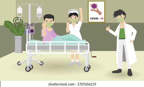 The medical team and patient on the bed ready to fight coronavirus together. 