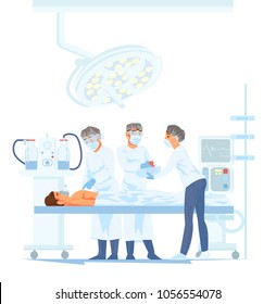 Medical Team Performing Surgical Operation In Modern Operating Room. Vector Illustration Of Cartoon Characters Transplant Human Heart