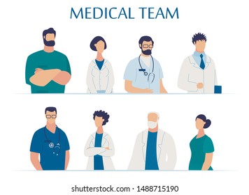 Medical Team Presentation For Clinic And Hospital. Professional Staff. Doctors, Practitioners, Nurses And Laboratory Assistants. Cartoon People Characters In Uniform. Vector Flat Illustration