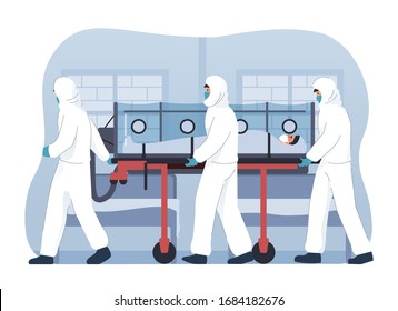 Medical team in protective gear taking patient infected with coronavirus to hospital. Patient with coronavirus in isolation chamber