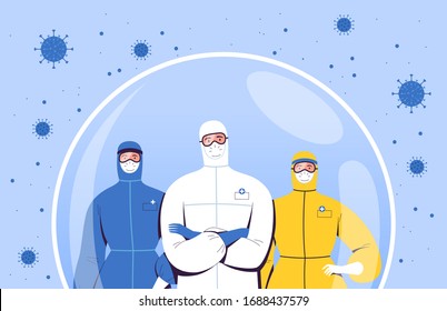 Medical team in protective suits, goggles and masks from the new coronavirus COVID-2019 are in a protective bubble. The concept of the fight of doctors with the 2019-nCov virus