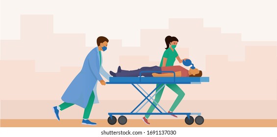 Medical team resuscitates  affected person. Doctors take the patient to a medical gurney. The man has difficulty breathing. Doctor uses a manual device for artificial ventilation of the lungs (avl).