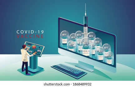 Medical team and scientist have discovered the COVID-19 vaccine, laboratory test, syringe, a vaccine vial, working on the test. vaccine development Ready for treatment illustration, vector flat design