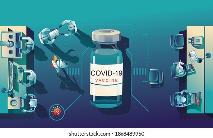 Medical team and scientist have discovered the COVID-19 vaccine, laboratory test, syringe, a vaccine vial, working on the test. vaccine development Ready for treatment illustration, vector flat design