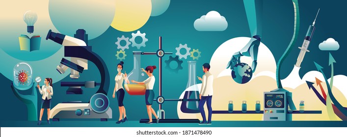 Medical team and scientist have discovered the COVID-19 vaccine, laboratory test, syringe, a vaccine vial, working on the test. vaccine development Ready for treatment illustration, vector flat design