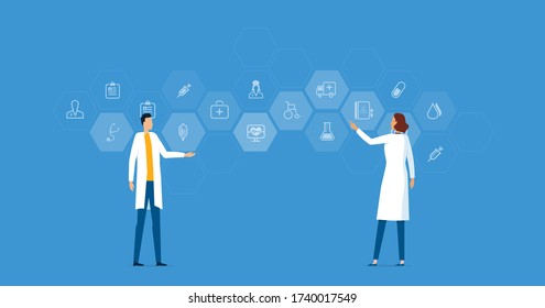 Medical team and scientists research in laboratory lab with Medical and health icons background