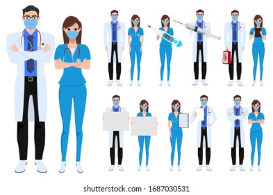 Medical team set characters vector concept design. Covid-19 doctor and nurse character fighting corona virus with presenting test result and medicine vaccine isolated in white background. Vector 
