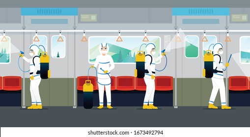 The medical team is spraying to kill viruses and bacteria on the electric train.