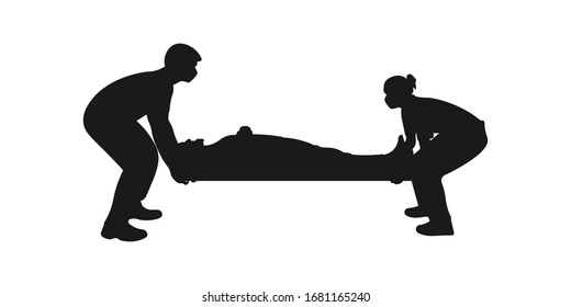 Medical team staff carrying wounded patient to hospital. Coronavirus evacuation concept. First aid paramedic icon sign or symbol. Paramedics rescuing man. Heart attack. Vector silhouette illustration.