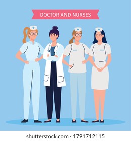 medical team and staff, female doctor and nurses vector illustration design