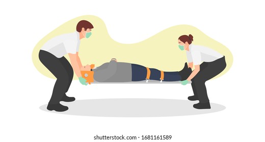 Medical team staff wearing surgical mask and gloves carrying a patient. Paramedics support. Coronavirus outbreak evacuation. Medics rescuing man. Heart attack concept - Flat vector illustration.