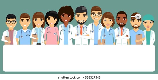 Medical team standing side by side with each other. Doctors are standing over banners. An international team of professionals. Isolated flat style.