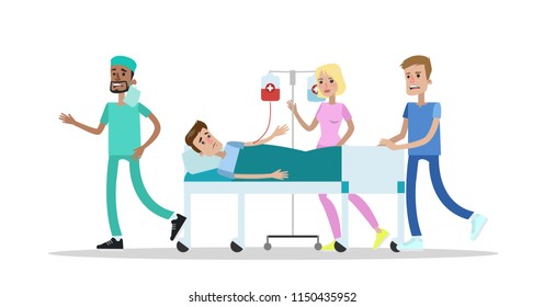 Medical team take patient to operation room. Emergency surgery. Isolated vector flat illustration