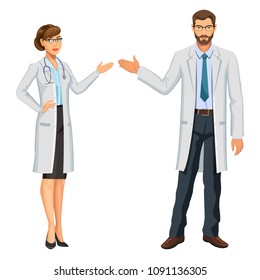 Medical team. Two doctors, man and woman with stethoscope, gesturing. Healthcare and medical concept. Vector Illustration