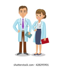 Medical team. Two doctors with stethoscopes, man and woman. Healthcare and medical concept. Vector Illustration