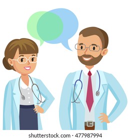Medical team. Two doctors with stethoscopes, man and woman. Healthcare and medical concept. Vector Illustration