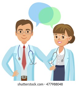 Medical team. Two doctors with stethoscopes, man and woman. Healthcare and medical concept. Vector Illustration