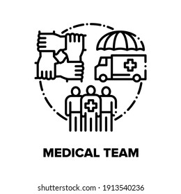 Medical Team Vector Icon Concept. Hospital And Ambulance Medicine Team Workers Doctor, Nurse And Scrub. Clinical Paramedics Healthcare Teamwork. Clinic Employees Black Illustration