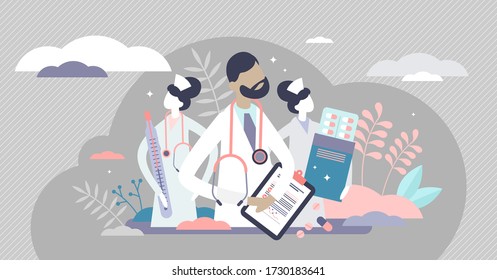 Medical team vector illustration. Doctor and nurses flat tiny persons concept. Professional hospital or paramedic staff. Treatment and surgeon service occupation in abstract symbolic visualization.