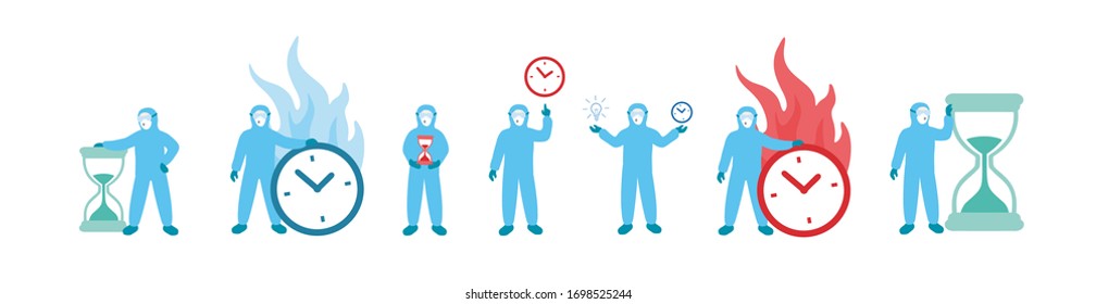 Medical team wearing blue isolation suits and holding clock and hourglass symbols. Sars-CoV-2 outbreak. Time counts. Number of cases is growing fast. Progress in vaccine development illustration set.