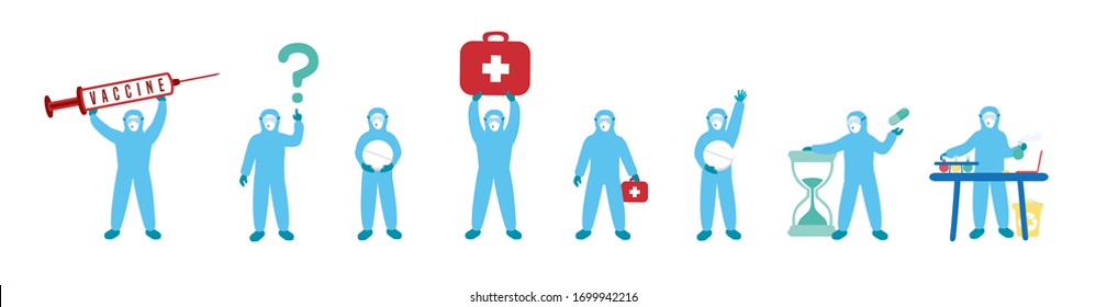 Medical team wearing blue isolation suits and holding big symbols. Sars-CoV-2 outbreak uniforms. Scientists solving coronavirus problems. Covid-19 cure, medicine or vaccine questions illustration set.