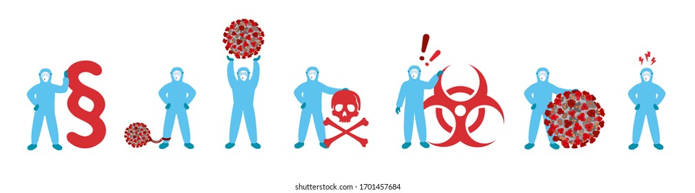 Medical team wearing blue isolation suits and holding warning signs. Sars-CoV-2 outbreak uniforms. Biohaard, paragraph and coronavirus symbols. Angry doctors. Covid-19 
regulations Illustration set. 