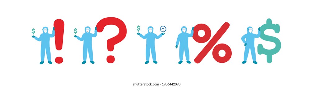 Medical team wearing blue isolation suits and holding economic symbols such as dollar, money, percent, time, question and exclamation mark. Sars-CoV-2 outbreak uniforms. Covid-19 Illustration set.