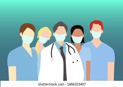 Medical team is wearing face masks and standing. Professional doctors and nurses staff posing together and wearing protective mask, corona virus outbreak emergency concept. Fight Covid-19, coronavirus