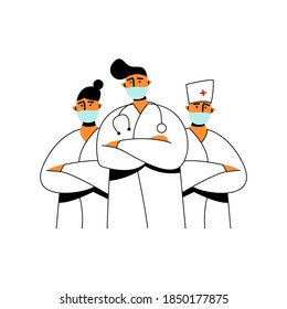 Medical team wearing masks. Doctors people. Flat vector illustration.