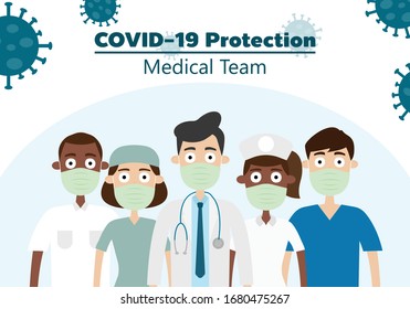 Medical team wearing protective Medical mask for prevent virus Wuhan Covid-19.Man and Woman wearing a surgical mask. Medical and health care concept. Vector illustration.