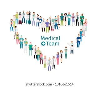 Medical team workers. Medical staff stands in shape of heart isolated on white background