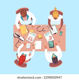 Medical team working at table, top view. Medic students study medicine profession occupation, doctors and nurses sitting. Therapist and surgeon cartoon flat style isolated vector concept