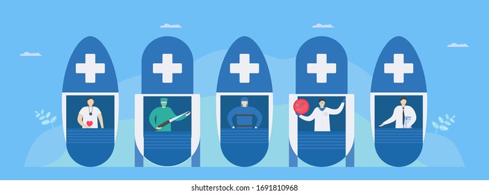 Medical teams. This team include cardiologists, cardiac surgeon, infectious disease physician, microbiologist and intensivist. Character doctors design. Workflow of patient care.