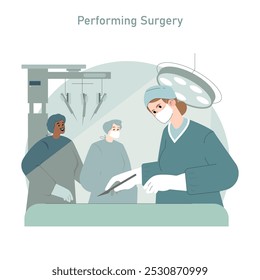 Medical teamwork in an operating room illustrated by surgeons focused on a patient during a surgical procedure. Operating theater setup. Vector illustration.