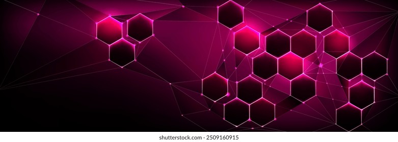 Fondo oscuro médico o tecnológico con patrón abstracto hexagonal rosa y destello brillante. Ilustración vectorial realista en 3D de Fondo de pantalla o Anuncio de ciencia y tecnología con textura geométrica de panal.