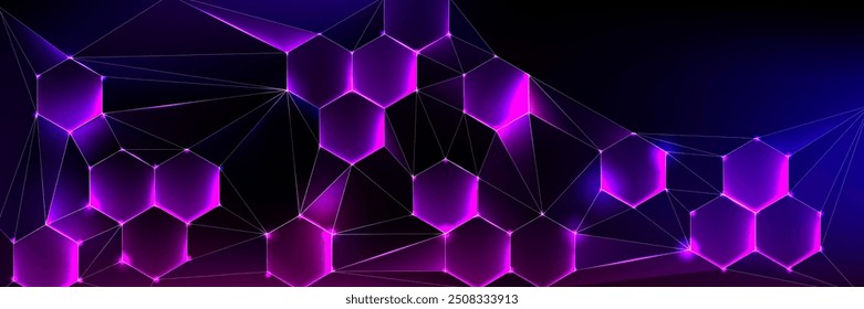 Fondo oscuro médico o tecnológico con patrón abstracto de hexágono púrpura y llamarada brillante. Ilustración vectorial realista en 3D de Fondo de pantalla o Anuncio de ciencia y tecnología con textura geométrica de panal.