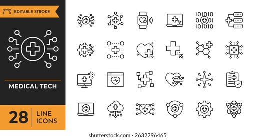 Medical tech line icon set. Contains icons related to medical technology, Digital, innovation, tech, healthcare etc. Editable stroke. Vector illustration