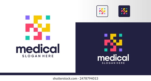 Diseño de logotipo de tecnología médica. Logo cruzado con píxel digital diseño de logotipo colorido símbolo gráfico Vector