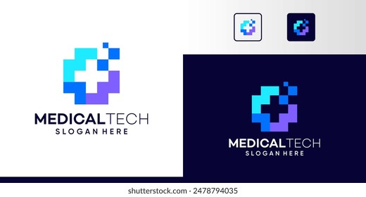 Medical Tech Logo Design. Cross logo with digital pixel colorful logo design graphic symbol icon vector