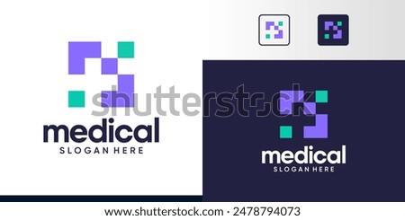 Medical Tech Logo Design. Cross logo with digital pixel colorful logo design graphic symbol icon vector