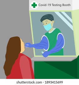 Medical Technician Doing Swab Test For Woman At Covid-19 Testing Booth. Mobile Corona Virus Testing Booth Service Cartoon Vector