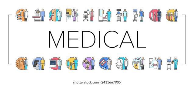 iconos del técnico médico establecen el vector. proyecto arquitectónico, arquitectura de diseño, plan de casa, dibujo creativo, reunión con ilustraciones de la línea de color del técnico médico